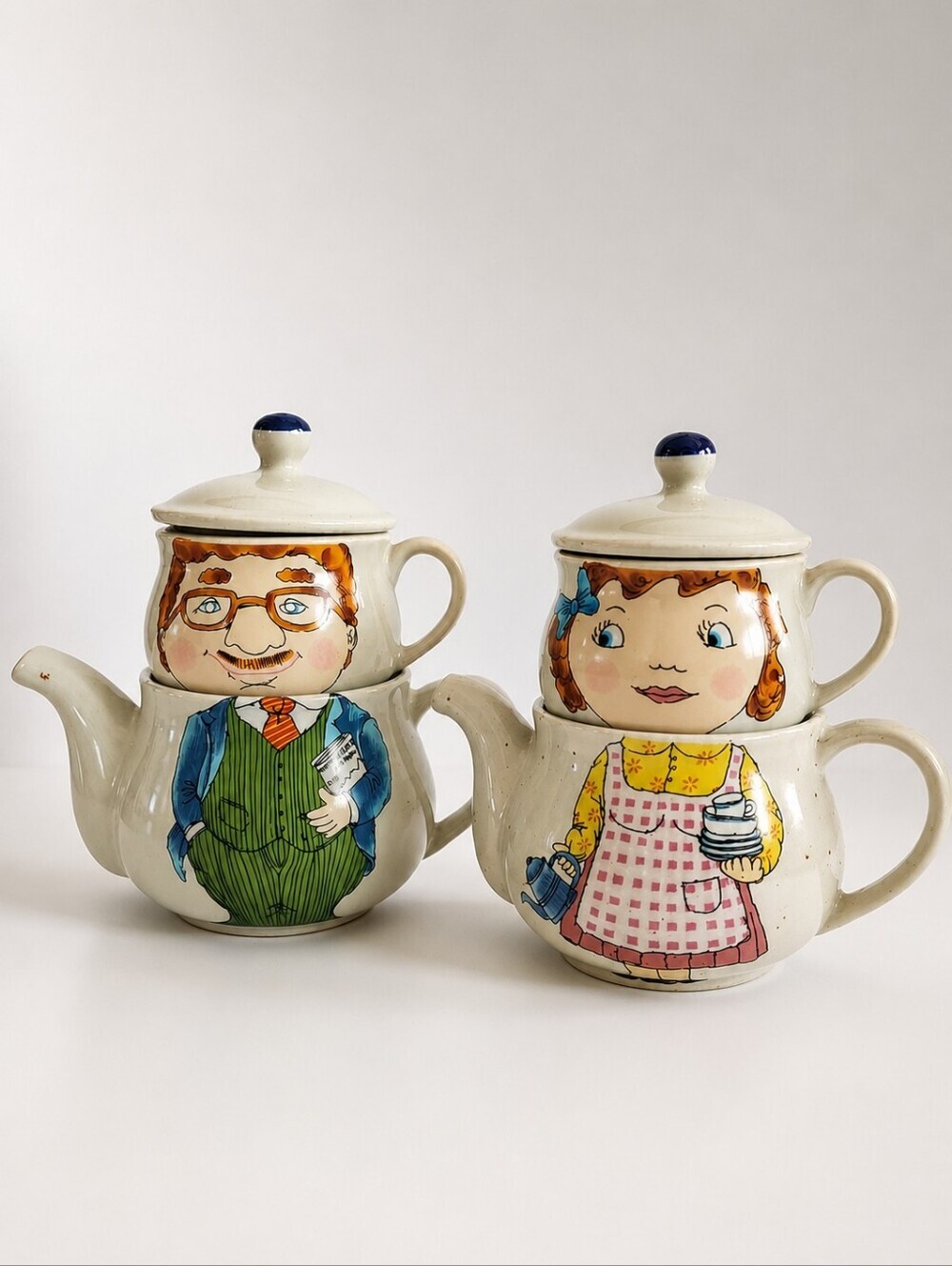 Rare Vintage Mr & Mrs Tea For One Ceramic Teapot Set